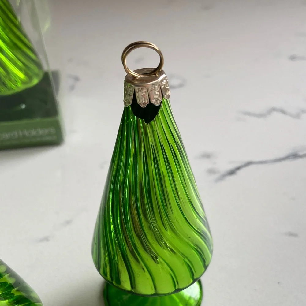 Crate & Barrel Glass Christmas Tree Place Card Holders Set 8 Green